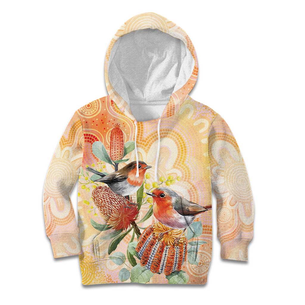 Australia Flame Robin Kid Hoodie Petroica Phoenicea Banksia Indigenous Art - Aussie Hoodie