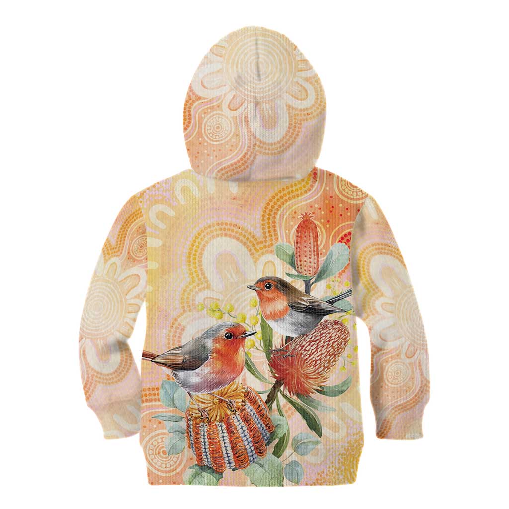 Australia Flame Robin Kid Hoodie Petroica Phoenicea Banksia Indigenous Art - Aussie Hoodie