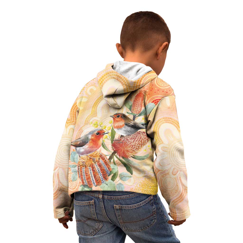Australia Flame Robin Kid Hoodie Petroica Phoenicea Banksia Indigenous Art - Aussie Hoodie