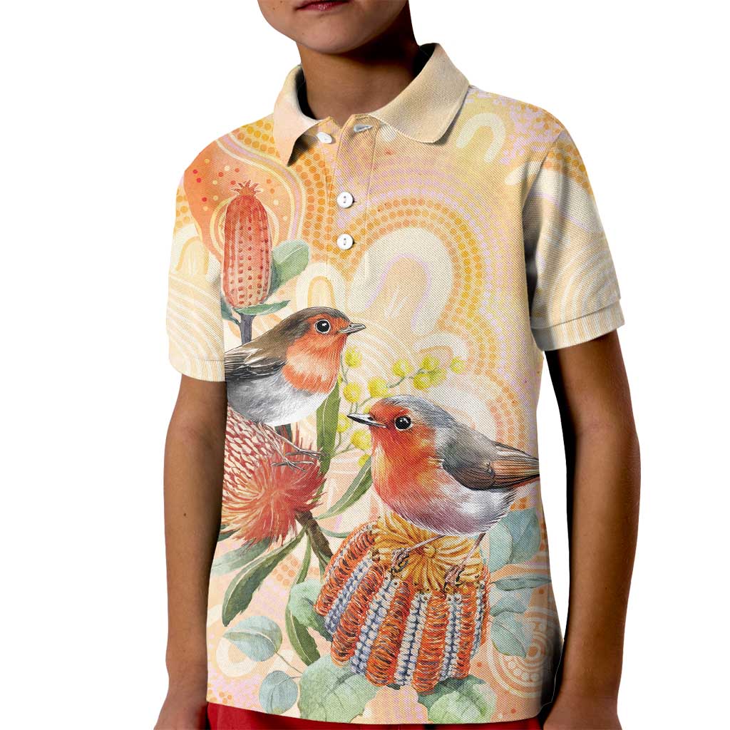 Australia Flame Robin Kid Polo Shirt Petroica Phoenicea Banksia Indigenous Art - Aussie Hoodie