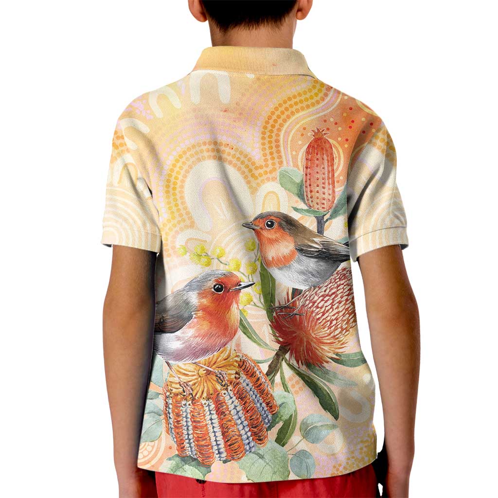 Australia Flame Robin Kid Polo Shirt Petroica Phoenicea Banksia Indigenous Art - Aussie Hoodie