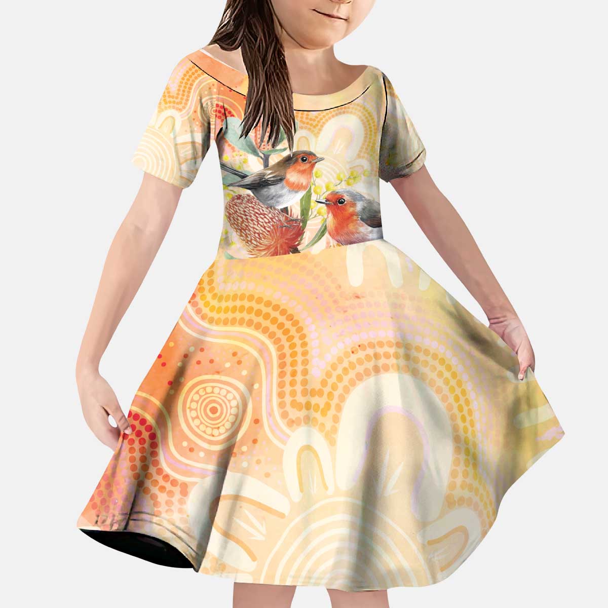 Australia Flame Robin Kid Short Sleeve Dress Petroica Phoenicea Banksia Indigenous Art - Aussie Hoodie