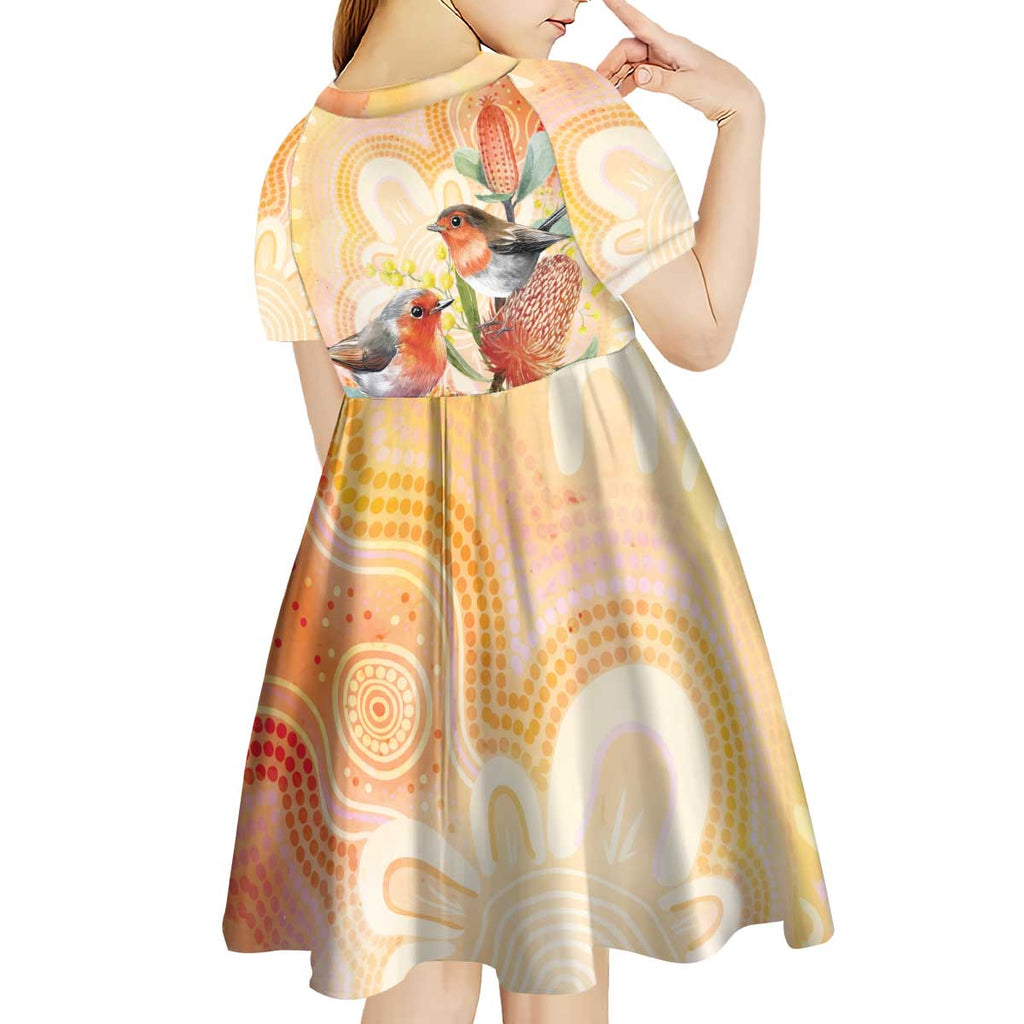 Australia Flame Robin Kid Short Sleeve Dress Petroica Phoenicea Banksia Indigenous Art - Aussie Hoodie