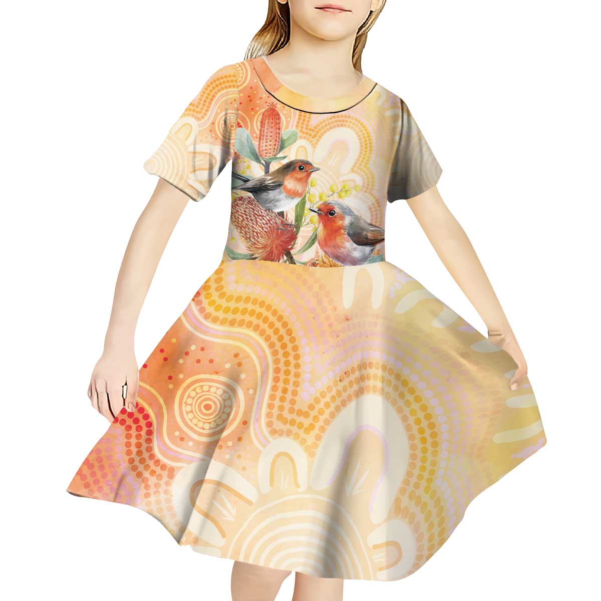 Australia Flame Robin Kid Short Sleeve Dress Petroica Phoenicea Banksia Indigenous Art - Aussie Hoodie