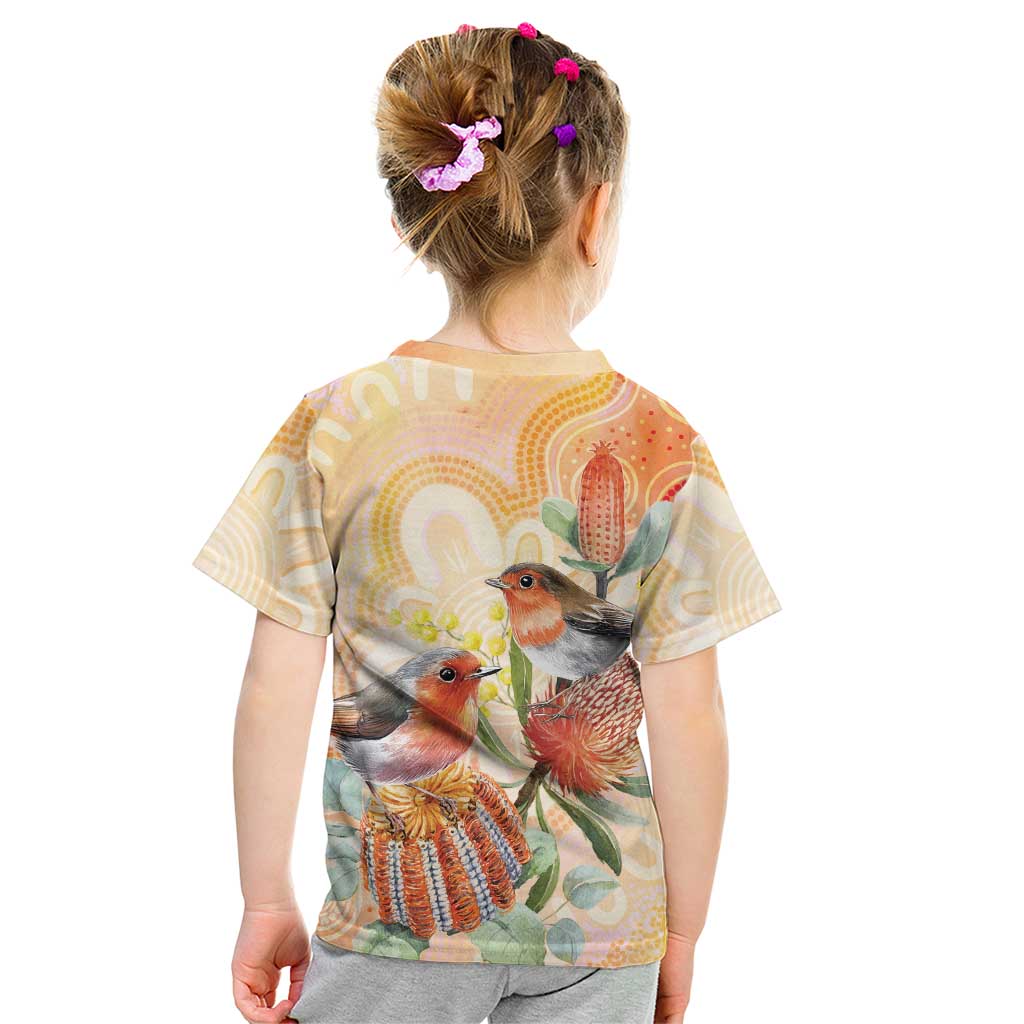 Australia Flame Robin Kid T Shirt Petroica Phoenicea Banksia Indigenous Art - Aussie Hoodie