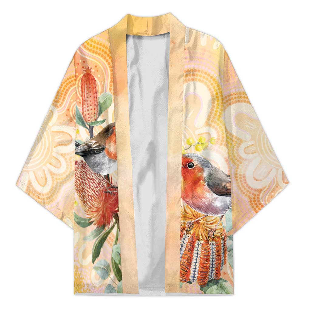 Australia Flame Robin Kimono Petroica Phoenicea Banksia Indigenous Art - Aussie Hoodie
