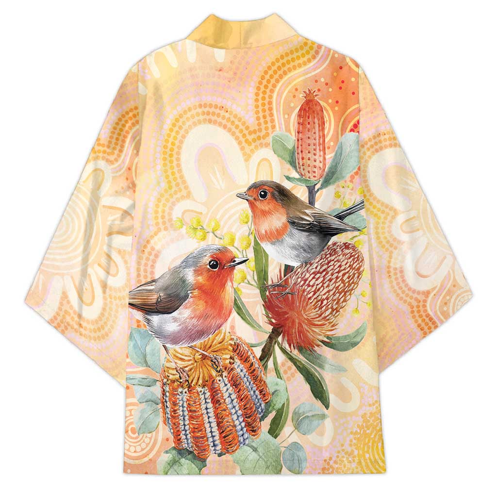 Australia Flame Robin Kimono Petroica Phoenicea Banksia Indigenous Art - Aussie Hoodie