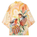 Australia Flame Robin Kimono Petroica Phoenicea Banksia Indigenous Art - Aussie Hoodie