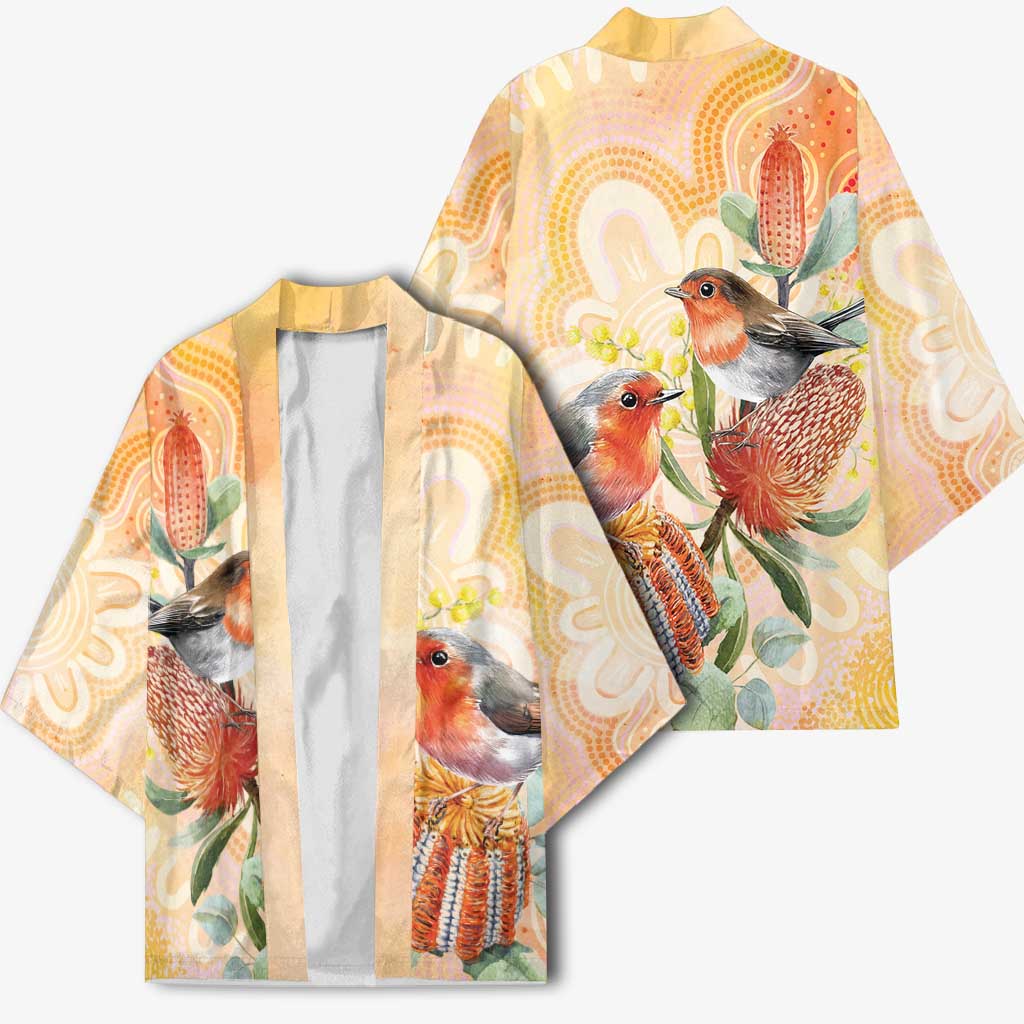 Australia Flame Robin Kimono Petroica Phoenicea Banksia Indigenous Art - Aussie Hoodie