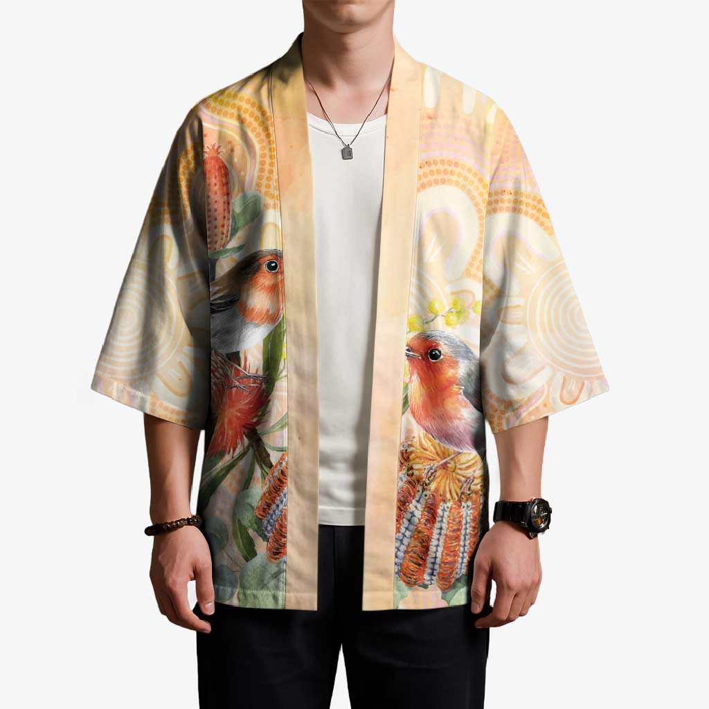 Australia Flame Robin Kimono Petroica Phoenicea Banksia Indigenous Art - Aussie Hoodie
