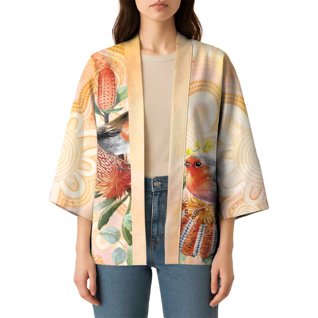 Australia Flame Robin Kimono Petroica Phoenicea Banksia Indigenous Art - Aussie Hoodie