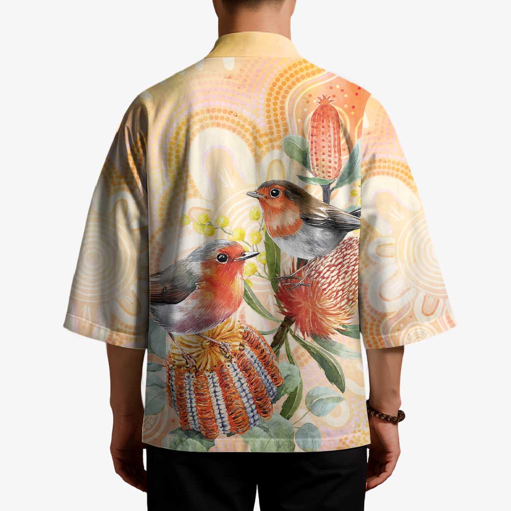 Australia Flame Robin Kimono Petroica Phoenicea Banksia Indigenous Art - Aussie Hoodie