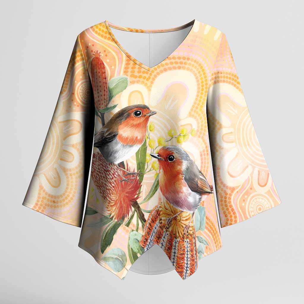 Australia Flame Robin Kimono Sleeve Blouse Petroica Phoenicea Banksia Indigenous Art - Aussie Hoodie