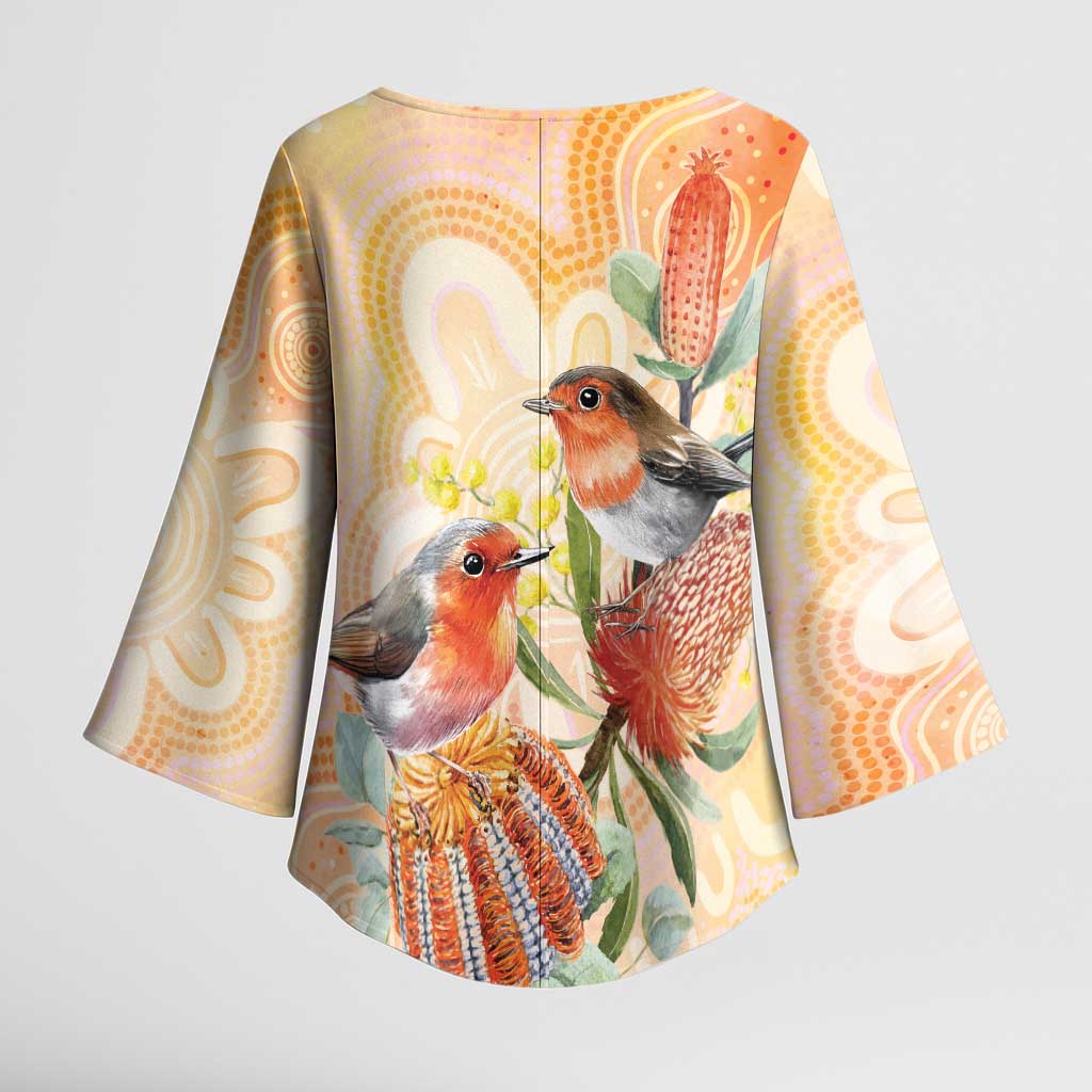 Australia Flame Robin Kimono Sleeve Blouse Petroica Phoenicea Banksia Indigenous Art - Aussie Hoodie