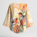 Australia Flame Robin Kimono Sleeve Blouse Petroica Phoenicea Banksia Indigenous Art - Aussie Hoodie