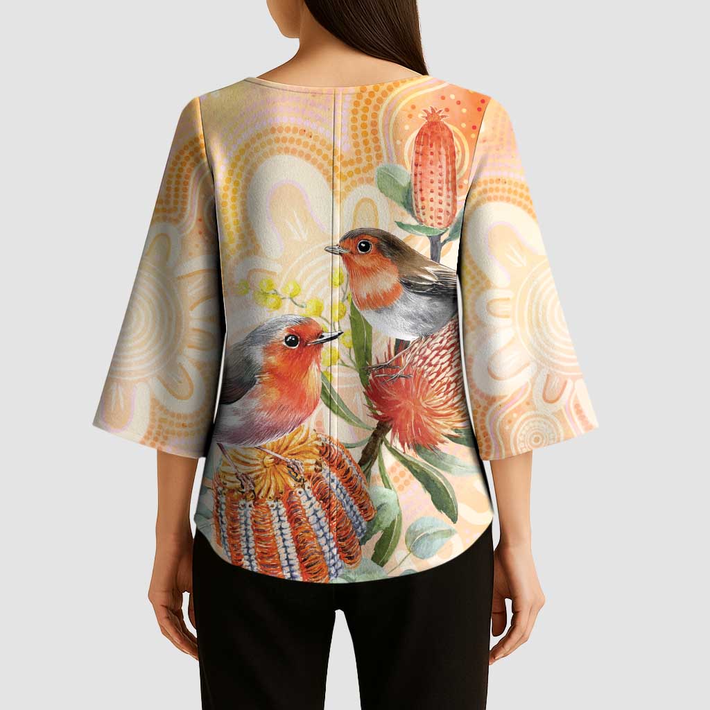 Australia Flame Robin Kimono Sleeve Blouse Petroica Phoenicea Banksia Indigenous Art - Aussie Hoodie