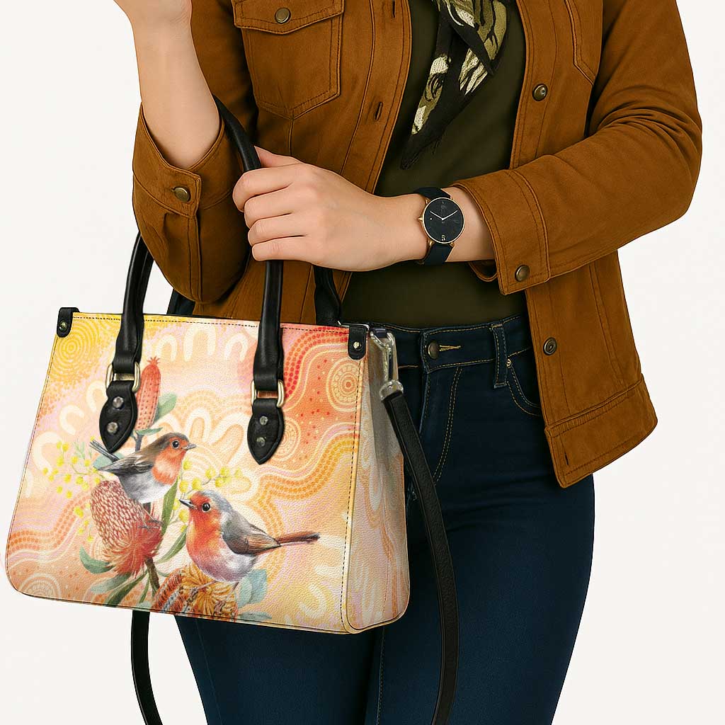 Australia Flame Robin Leather Bag Petroica Phoenicea Banksia Indigenous Art - Aussie Hoodie