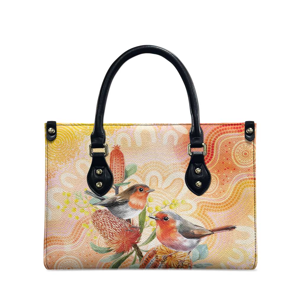 Australia Flame Robin Leather Bag Petroica Phoenicea Banksia Indigenous Art - Aussie Hoodie