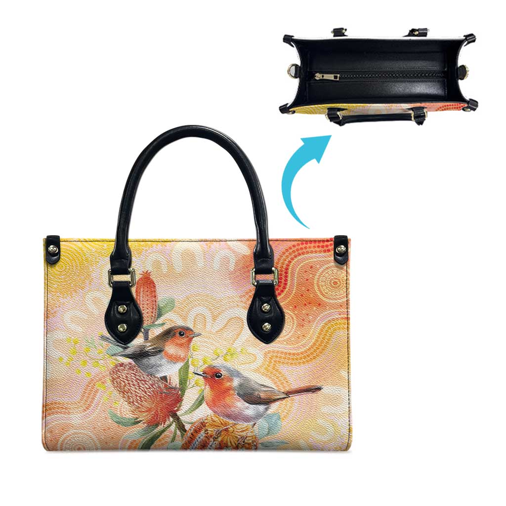 Australia Flame Robin Leather Bag Petroica Phoenicea Banksia Indigenous Art - Aussie Hoodie