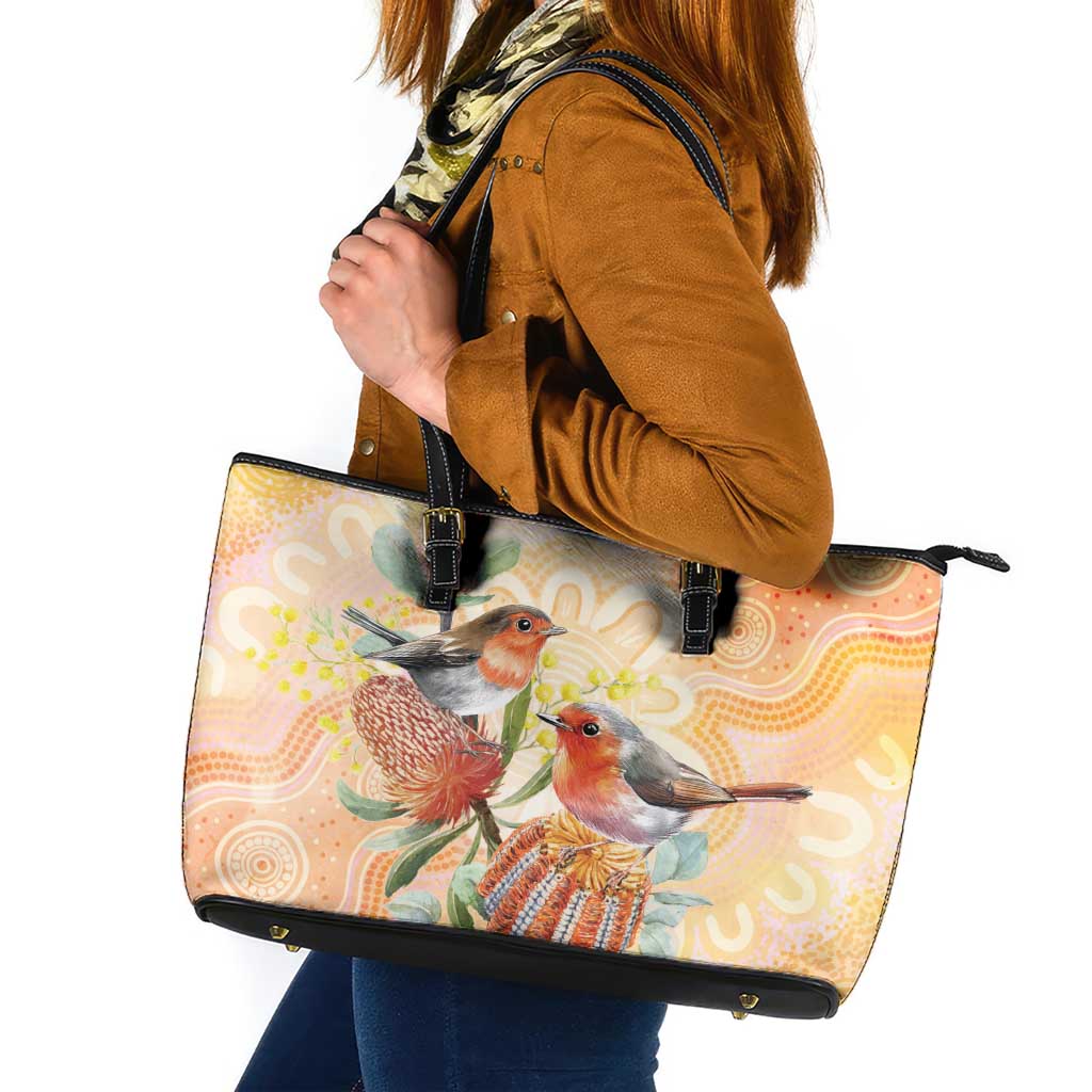 Australia Flame Robin Leather Tote Bag Petroica Phoenicea Banksia Indigenous Art - Aussie Hoodie