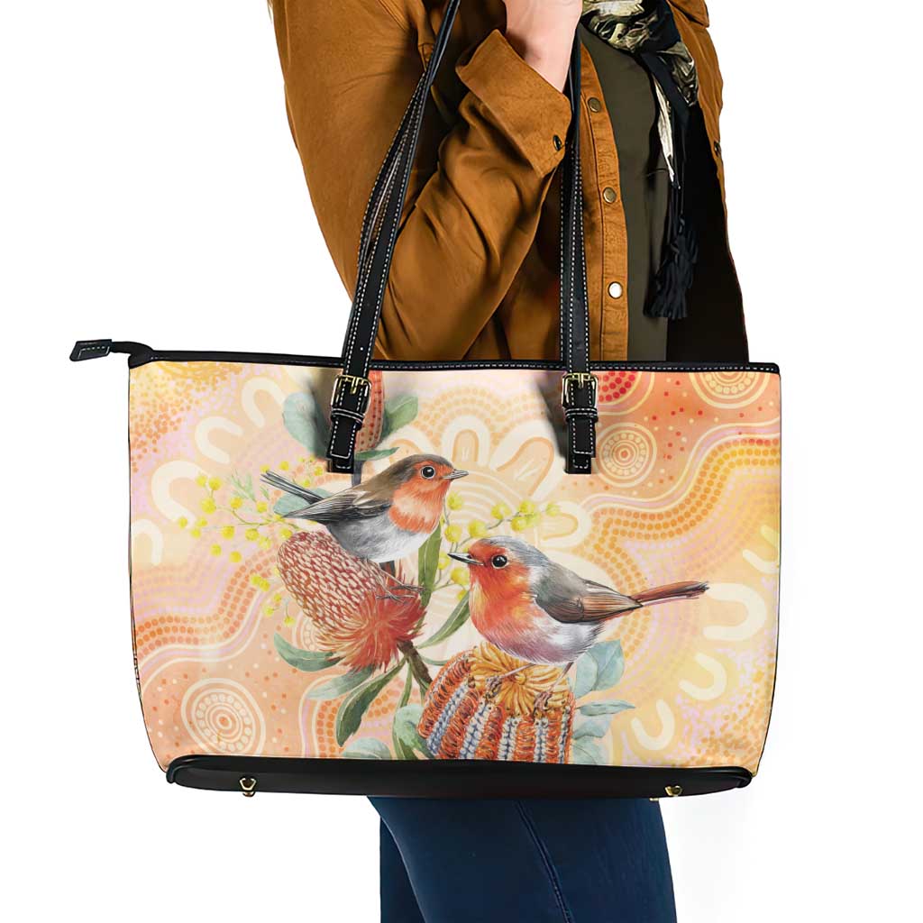 Australia Flame Robin Leather Tote Bag Petroica Phoenicea Banksia Indigenous Art - Aussie Hoodie