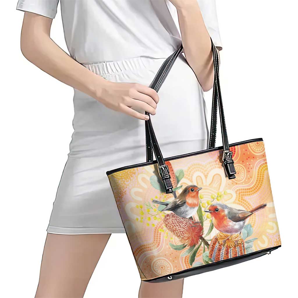 Australia Flame Robin Leather Tote Bag Petroica Phoenicea Banksia Indigenous Art - Aussie Hoodie