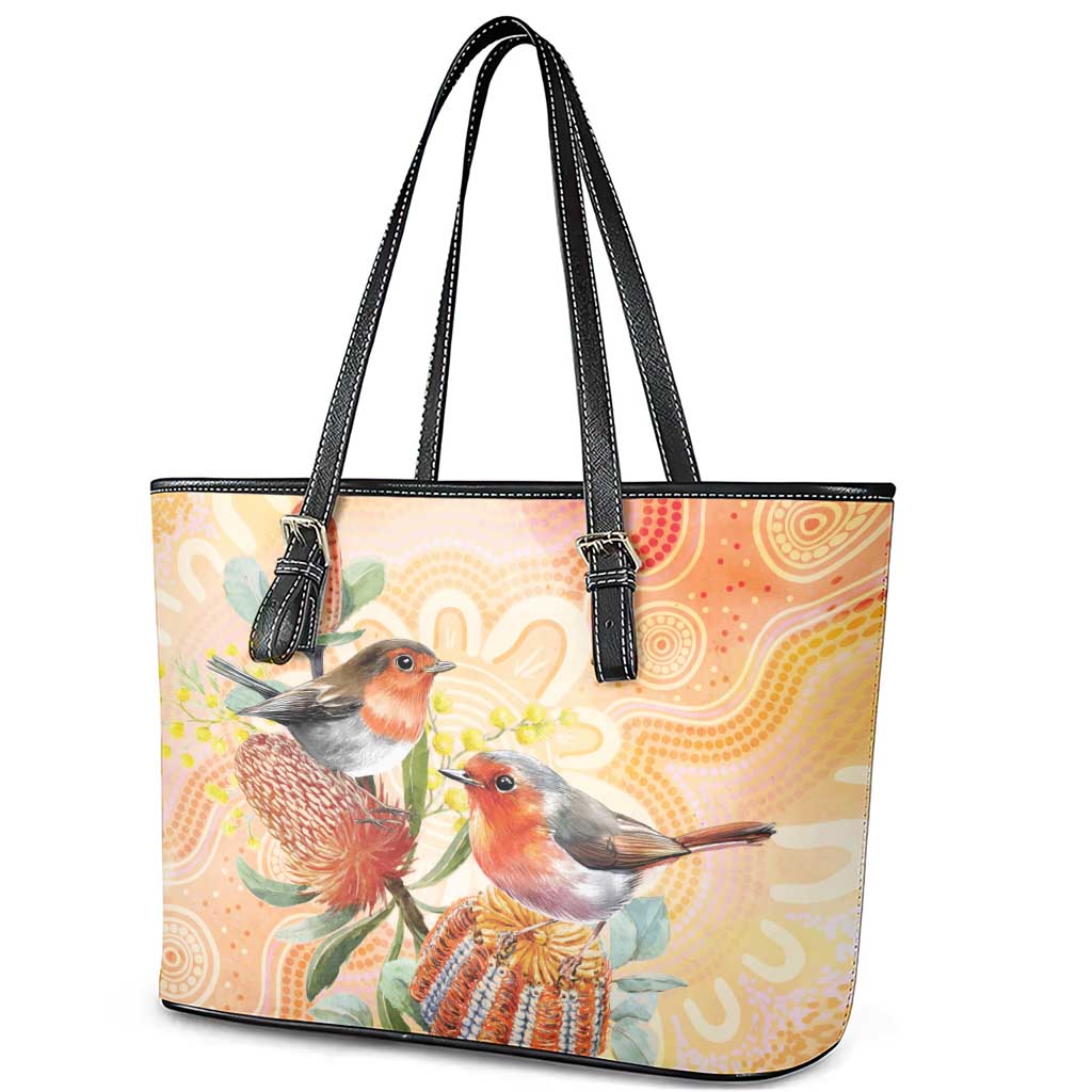 Australia Flame Robin Leather Tote Bag Petroica Phoenicea Banksia Indigenous Art - Aussie Hoodie