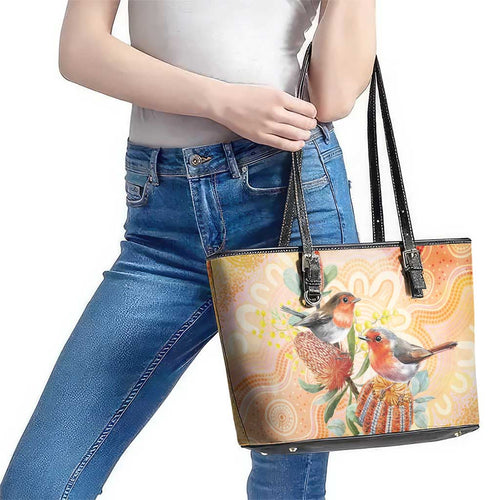 Australia Flame Robin Leather Tote Bag Petroica Phoenicea Banksia Indigenous Art - Aussie Hoodie
