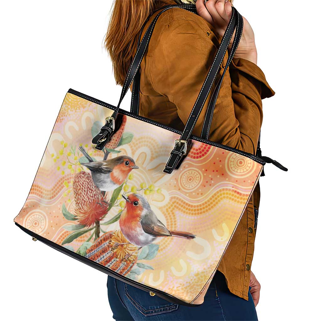 Australia Flame Robin Leather Tote Bag Petroica Phoenicea Banksia Indigenous Art - Aussie Hoodie