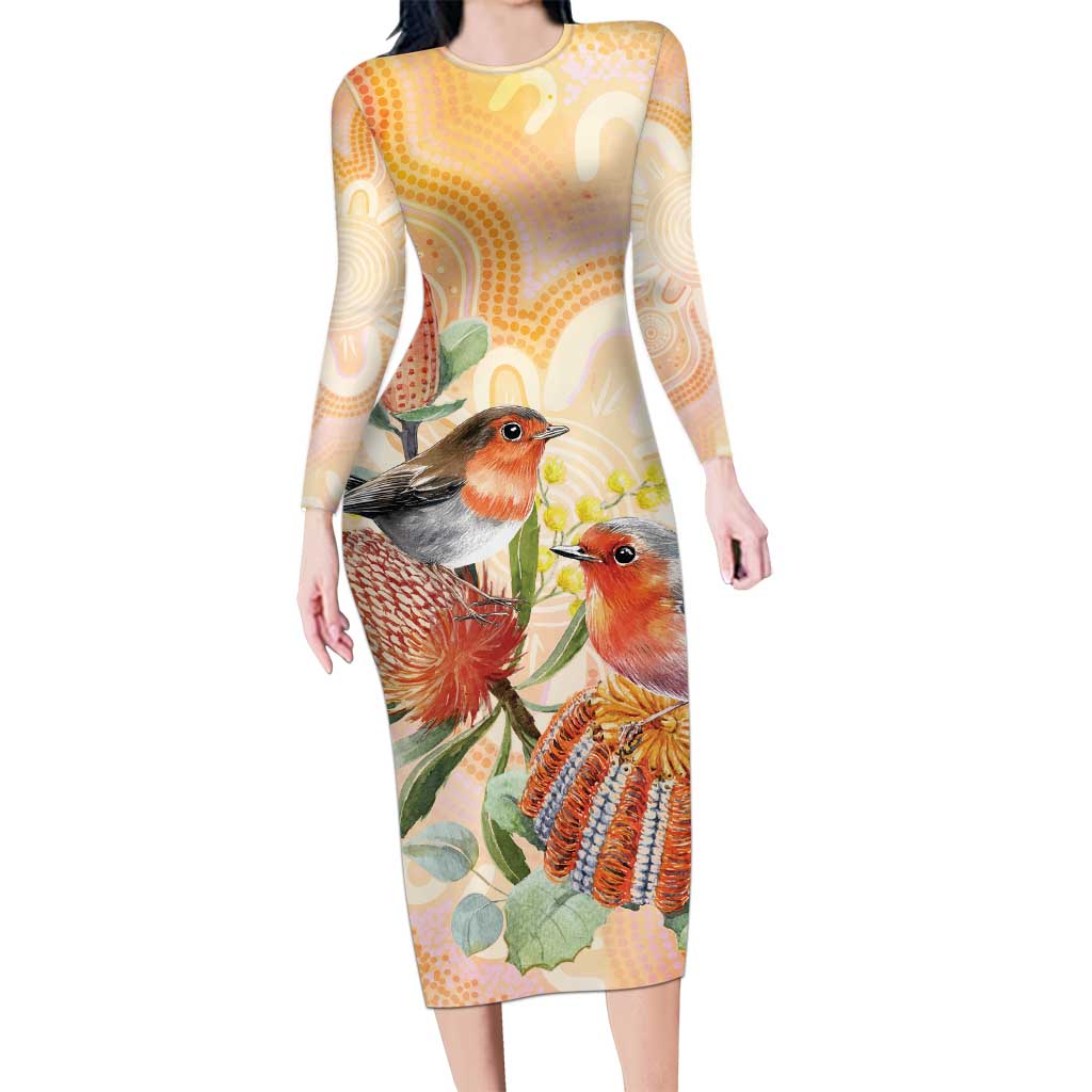 Australia Flame Robin Long Sleeve Bodycon Dress Petroica Phoenicea Banksia Indigenous Art - Aussie Hoodie
