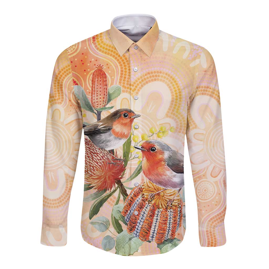 Australia Flame Robin Long Sleeve Button Shirt Petroica Phoenicea Banksia Indigenous Art - Aussie Hoodie