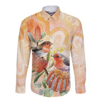 Australia Flame Robin Long Sleeve Button Shirt Petroica Phoenicea Banksia Indigenous Art - Aussie Hoodie