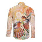 Australia Flame Robin Long Sleeve Button Shirt Petroica Phoenicea Banksia Indigenous Art - Aussie Hoodie