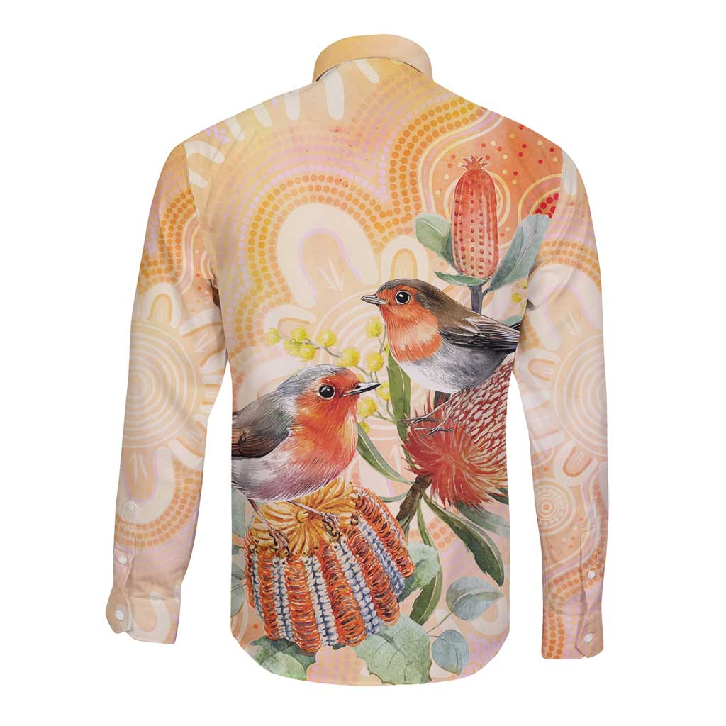 Australia Flame Robin Long Sleeve Button Shirt Petroica Phoenicea Banksia Indigenous Art - Aussie Hoodie