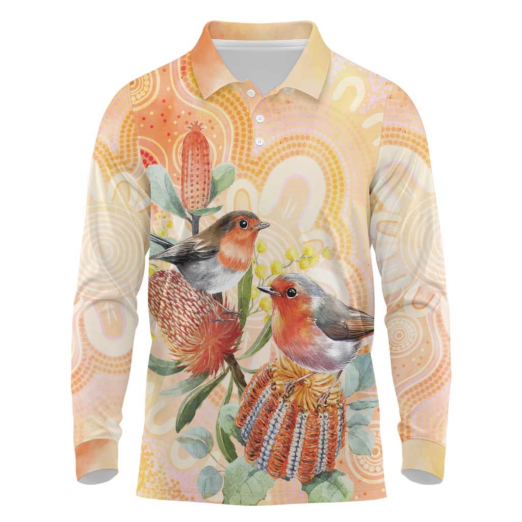 Australia Flame Robin Long Sleeve Polo Shirt Petroica Phoenicea Banksia Indigenous Art - Aussie Hoodie