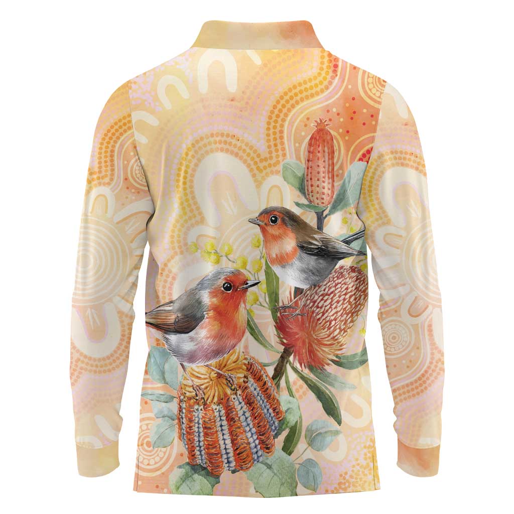 Australia Flame Robin Long Sleeve Polo Shirt Petroica Phoenicea Banksia Indigenous Art - Aussie Hoodie