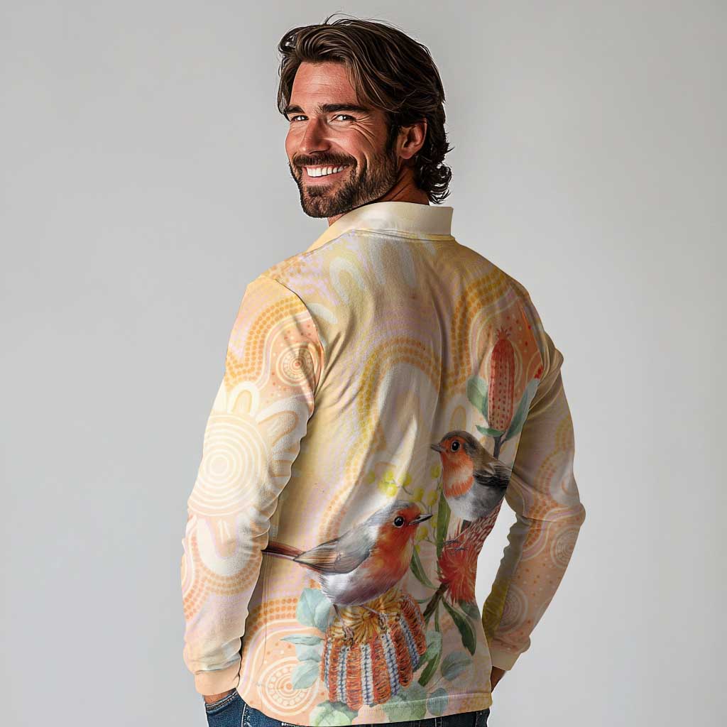 Australia Flame Robin Long Sleeve Polo Shirt Petroica Phoenicea Banksia Indigenous Art - Aussie Hoodie