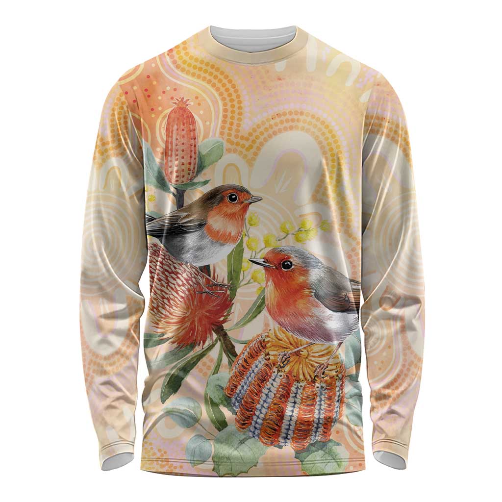 Australia Flame Robin Long Sleeve Shirt Petroica Phoenicea Banksia Indigenous Art - Aussie Hoodie