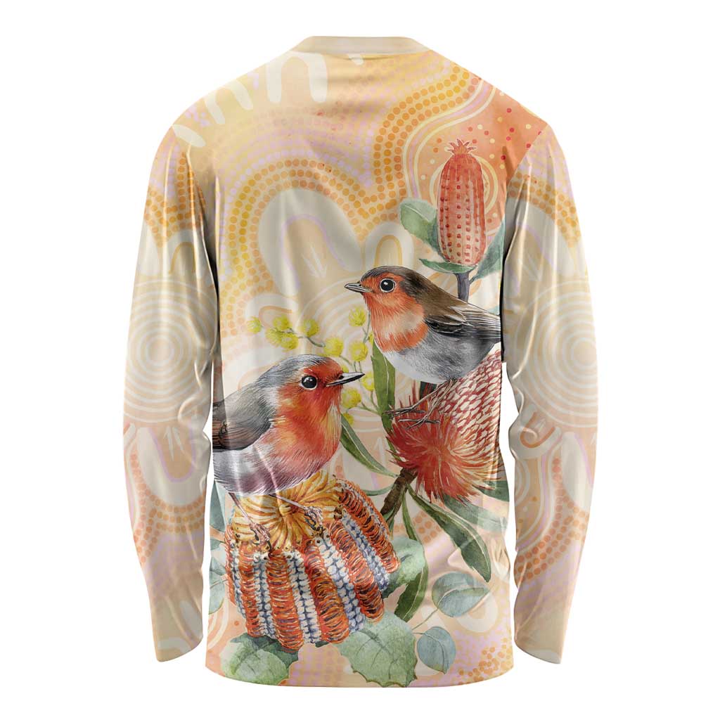 Australia Flame Robin Long Sleeve Shirt Petroica Phoenicea Banksia Indigenous Art - Aussie Hoodie