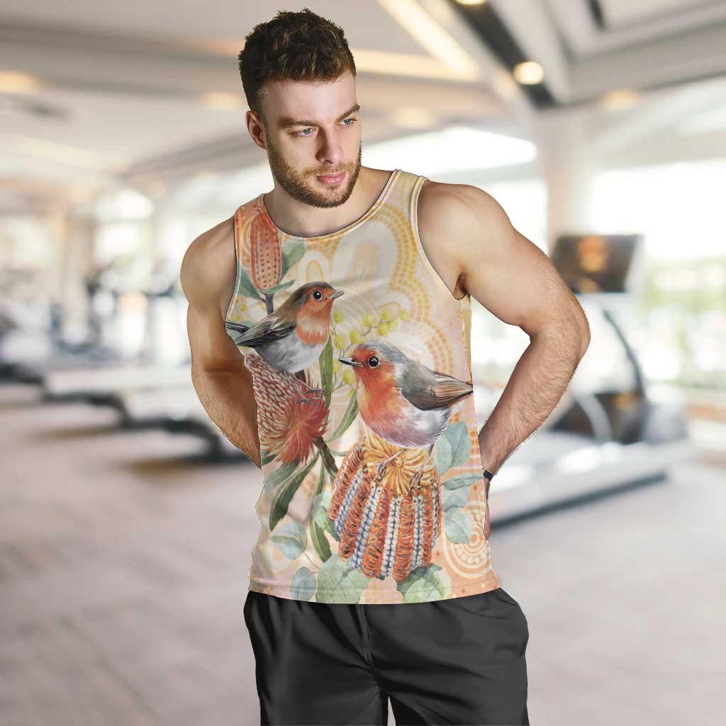 Australia Flame Robin Men Tank Top Petroica Phoenicea Banksia Indigenous Art - Aussie Hoodie