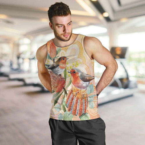 Australia Flame Robin Men Tank Top Petroica Phoenicea Banksia Indigenous Art - Aussie Hoodie