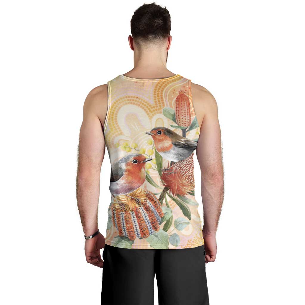 Australia Flame Robin Men Tank Top Petroica Phoenicea Banksia Indigenous Art - Aussie Hoodie