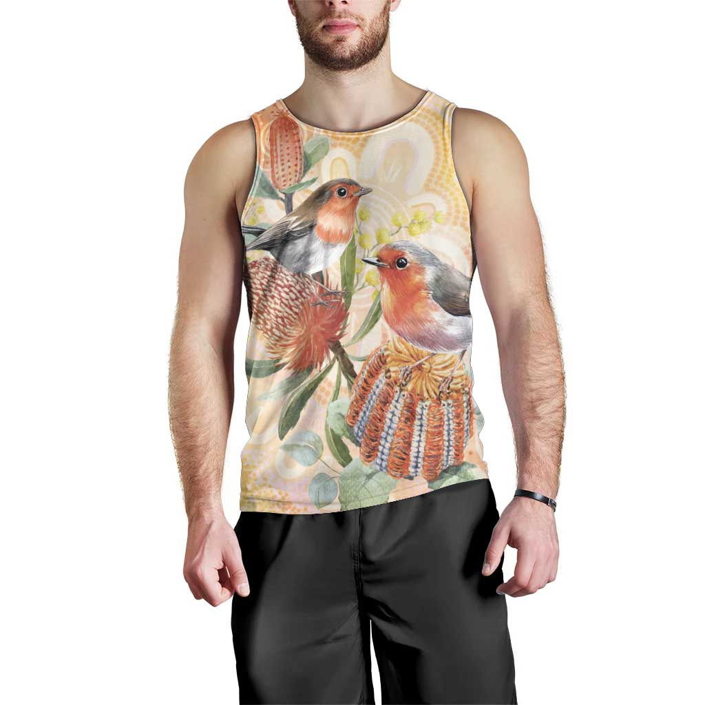 Australia Flame Robin Men Tank Top Petroica Phoenicea Banksia Indigenous Art - Aussie Hoodie
