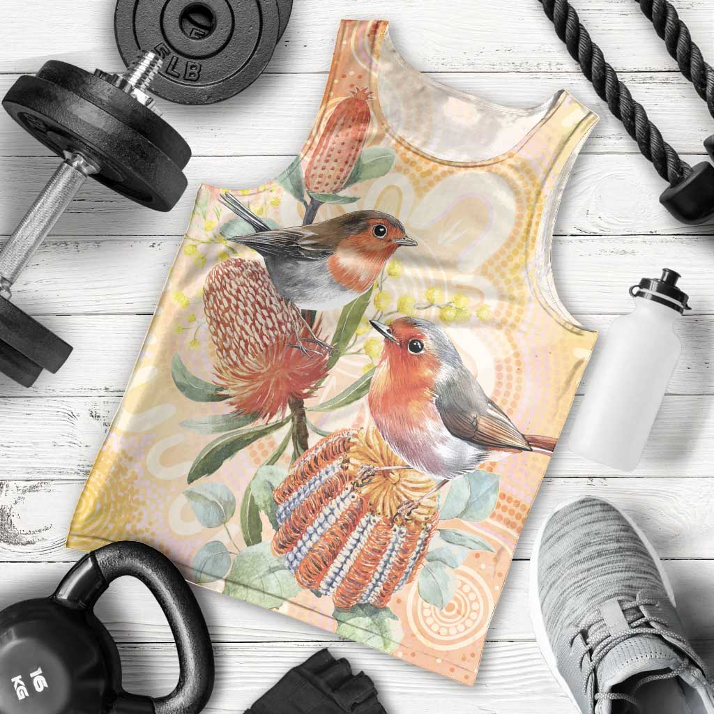Australia Flame Robin Men Tank Top Petroica Phoenicea Banksia Indigenous Art - Aussie Hoodie
