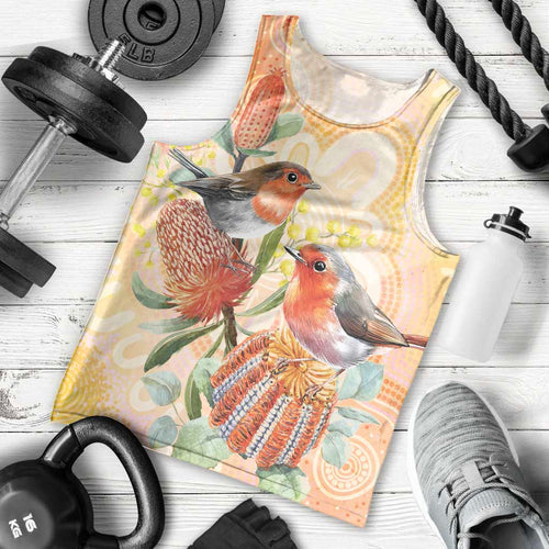 Australia Flame Robin Men Tank Top Petroica Phoenicea Banksia Indigenous Art - Aussie Hoodie