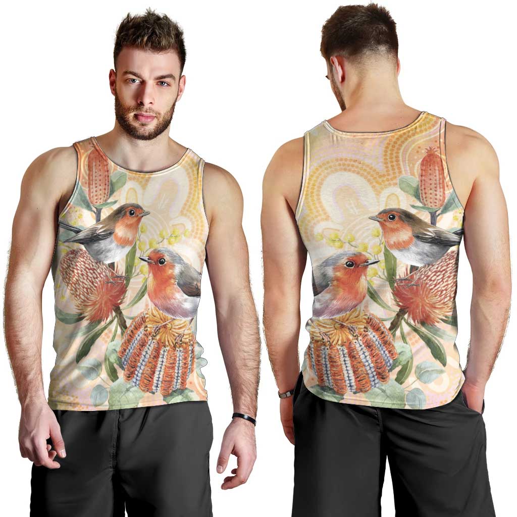 Australia Flame Robin Men Tank Top Petroica Phoenicea Banksia Indigenous Art - Aussie Hoodie