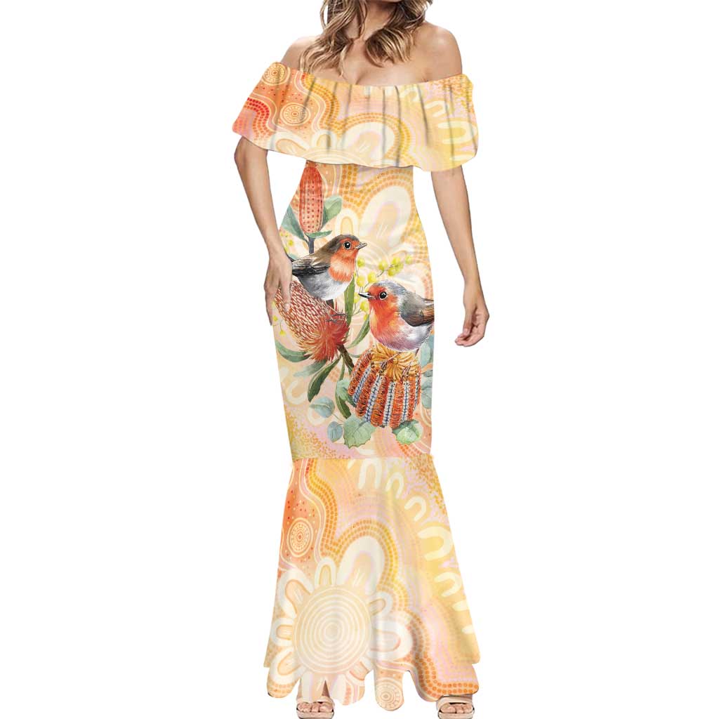 Australia Flame Robin Mermaid Dress Petroica Phoenicea Banksia Indigenous Art - Aussie Hoodie