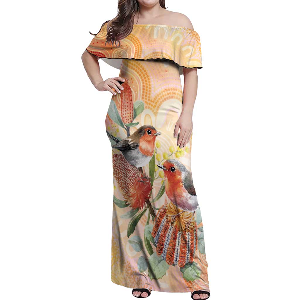 Australia Flame Robin Off Shoulder Maxi Dress Petroica Phoenicea Banksia Indigenous Art - Aussie Hoodie