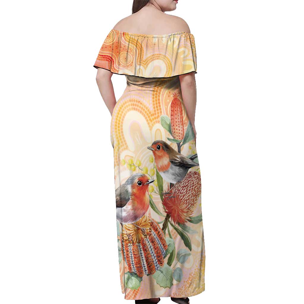 Australia Flame Robin Off Shoulder Maxi Dress Petroica Phoenicea Banksia Indigenous Art - Aussie Hoodie