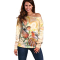 Australia Flame Robin Off Shoulder Sweater Petroica Phoenicea Banksia Indigenous Art - Aussie Hoodie